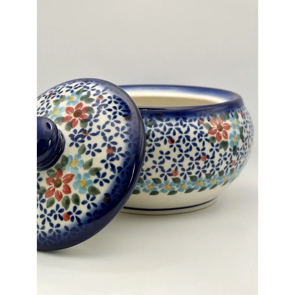 Ceramika Boleslawiec Handmade Blue & White Floral Ceramic Jar with Lid 6” Dia